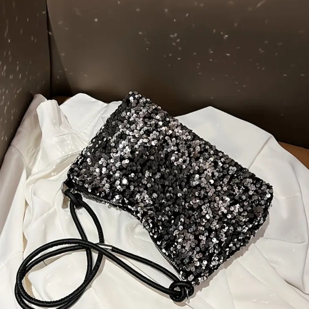 Glamorous Black and Silver Sequin Shoulder Bag - Picture 2 of 5